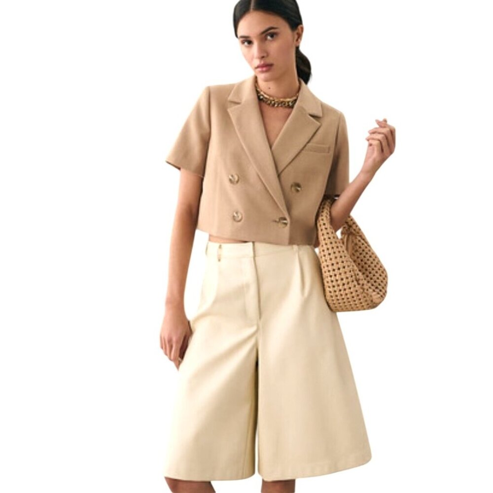 Anthropologie Maeve Beige Double-Breasted Cropped Blazer Short Sleeve Size US 14